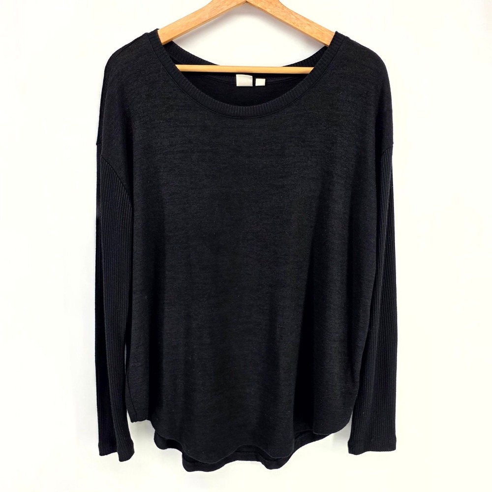 Gap Long Sleeve Top Womens M Black Ribbed Sleeve High Low Hem Scoop Neck Sweater